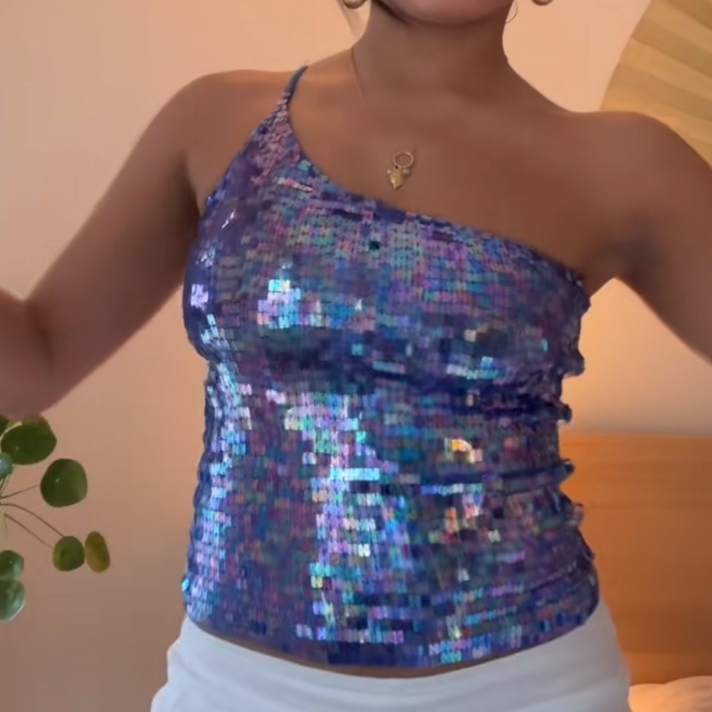 ISO Express Sequin One-Shoulder Top in XS - Blue, white, any and all colors